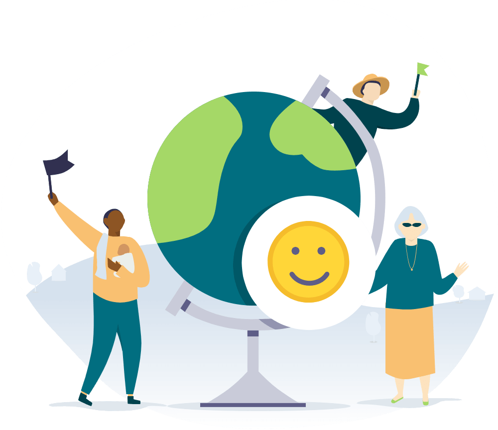 Illustration of people waving flags, standing next to a school globe has has a smiley emoji