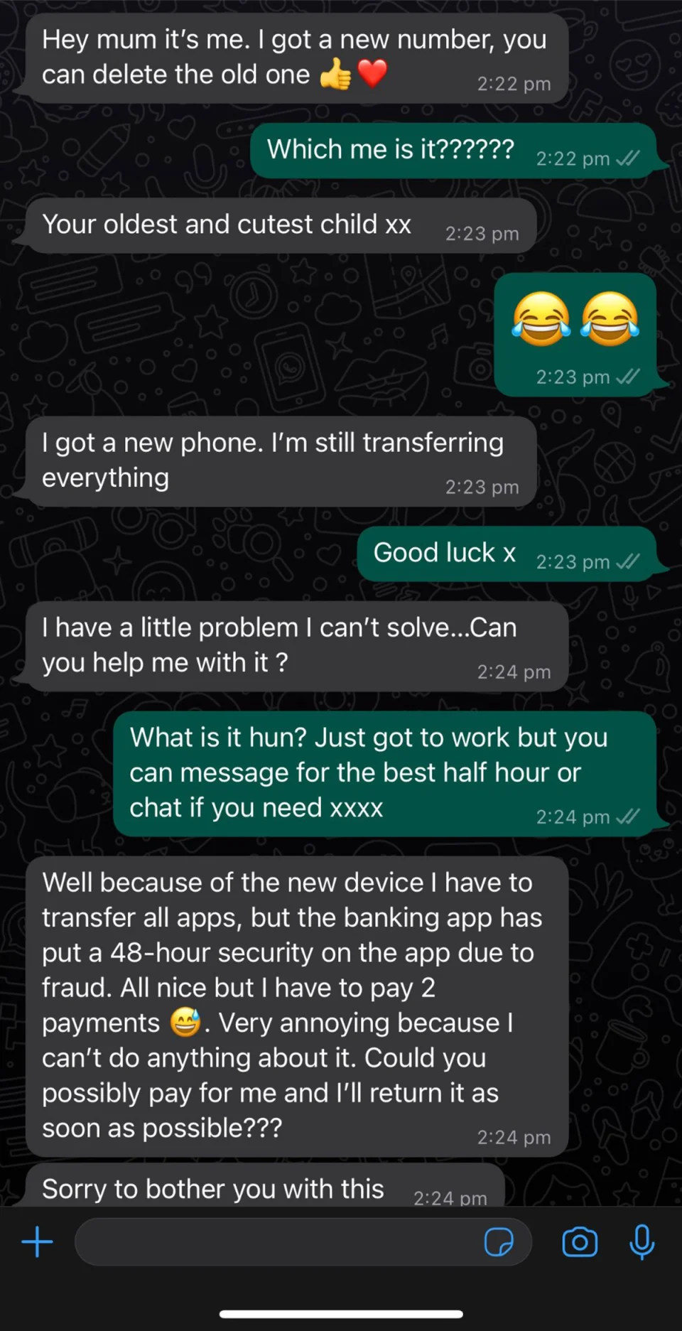 Screenshot from WhatsApp chat with Mum/Dad scam in action with victim